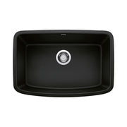 Coal black single bowl kitchen sink with chrome drain strainer, viewed from above.