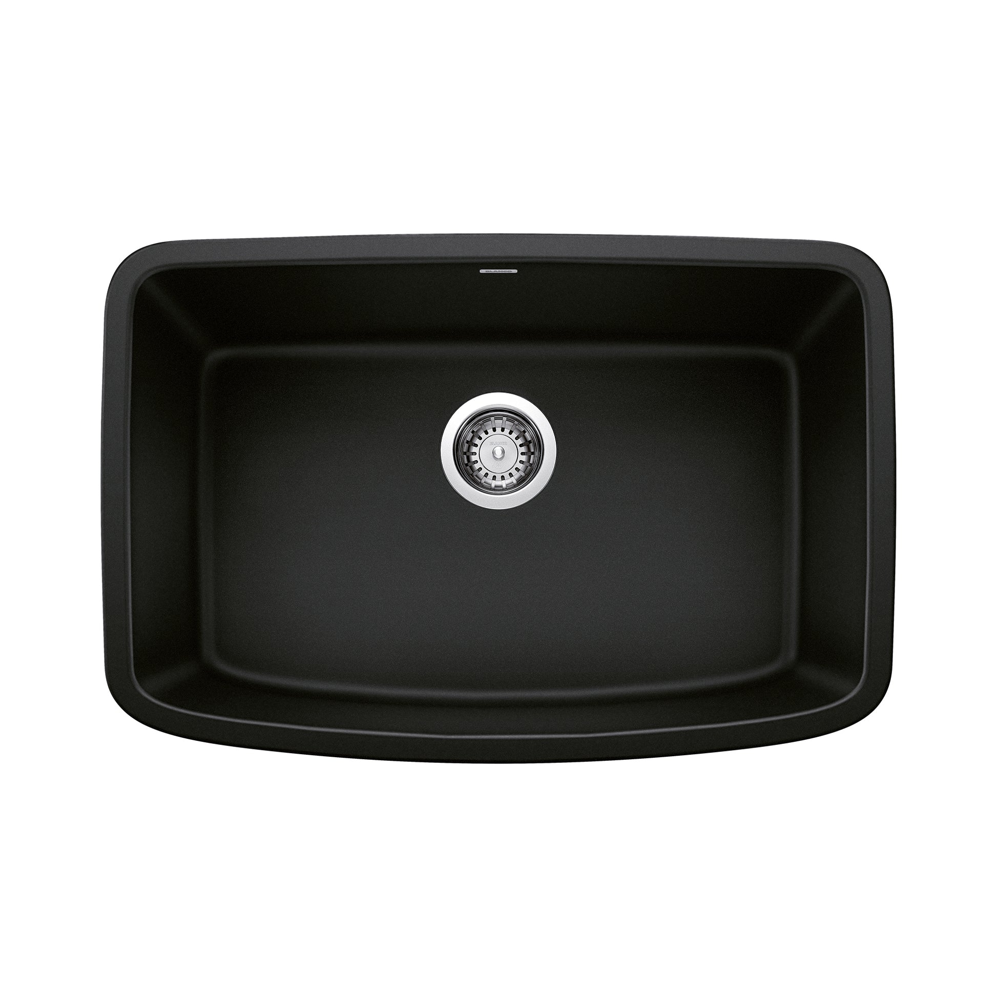 Coal black single bowl kitchen sink with chrome drain strainer, viewed from above.