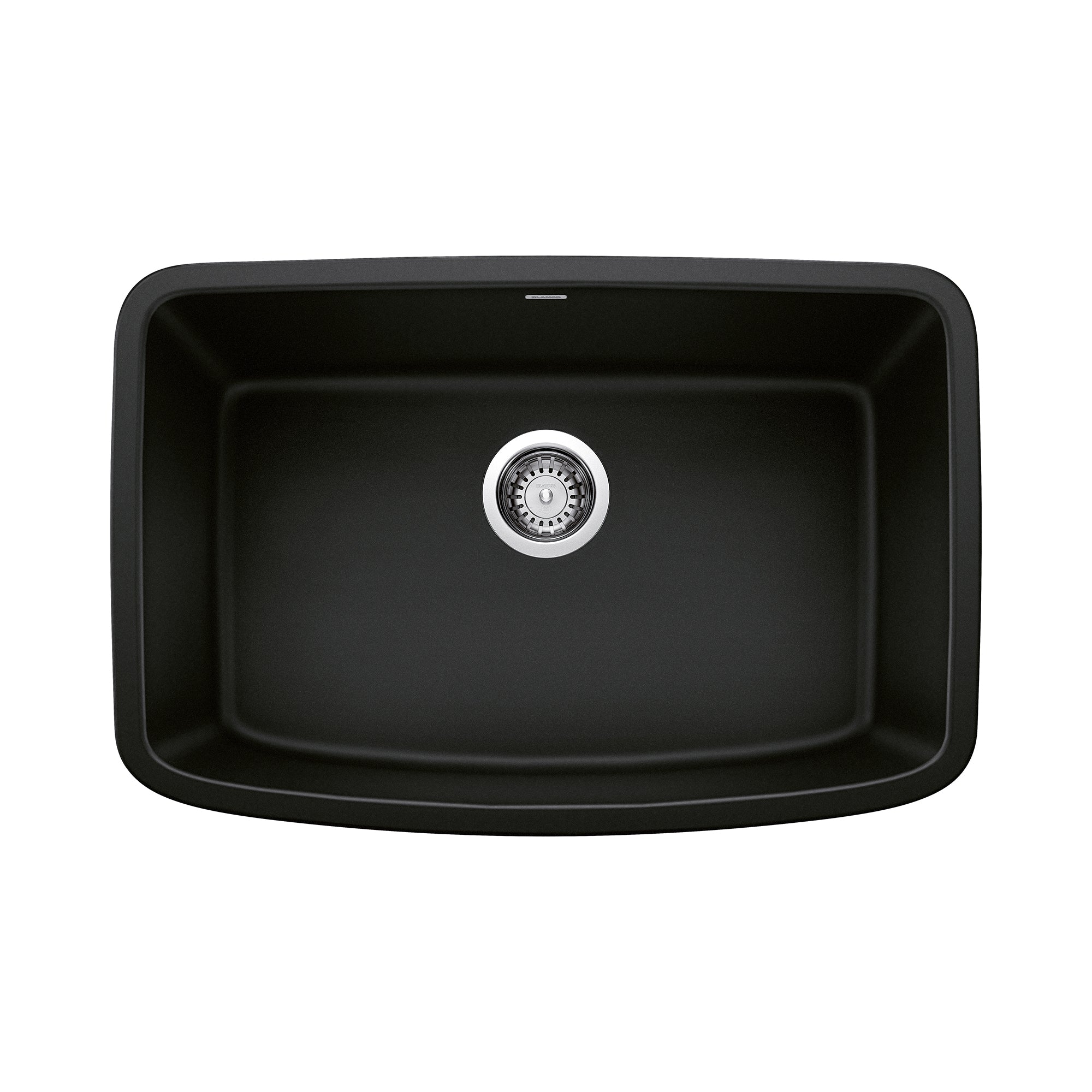 Coal black single bowl kitchen sink with chrome drain strainer, viewed from above.
