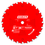 Red circular saw blade with 24 silver teeth and center arbor hole, labeled Diablo D0824 8-1/4" framing blade.