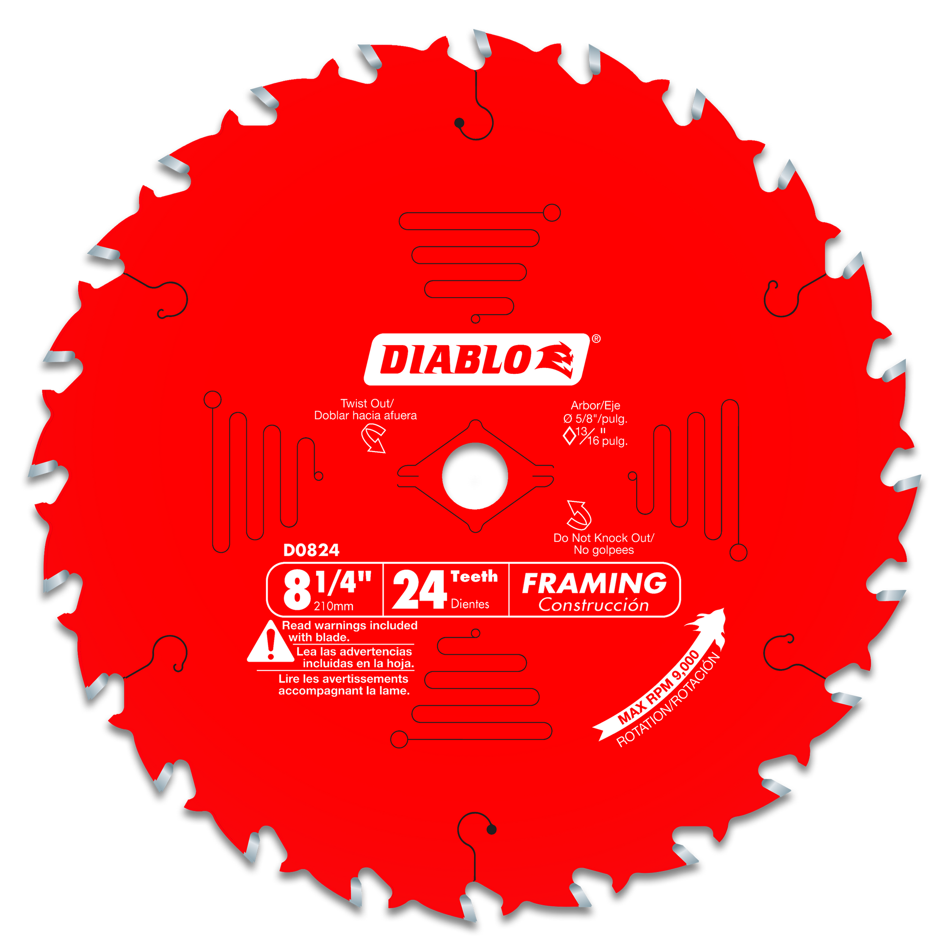 Red circular saw blade with 24 silver teeth and center arbor hole, labeled Diablo D0824 8-1/4" framing blade.