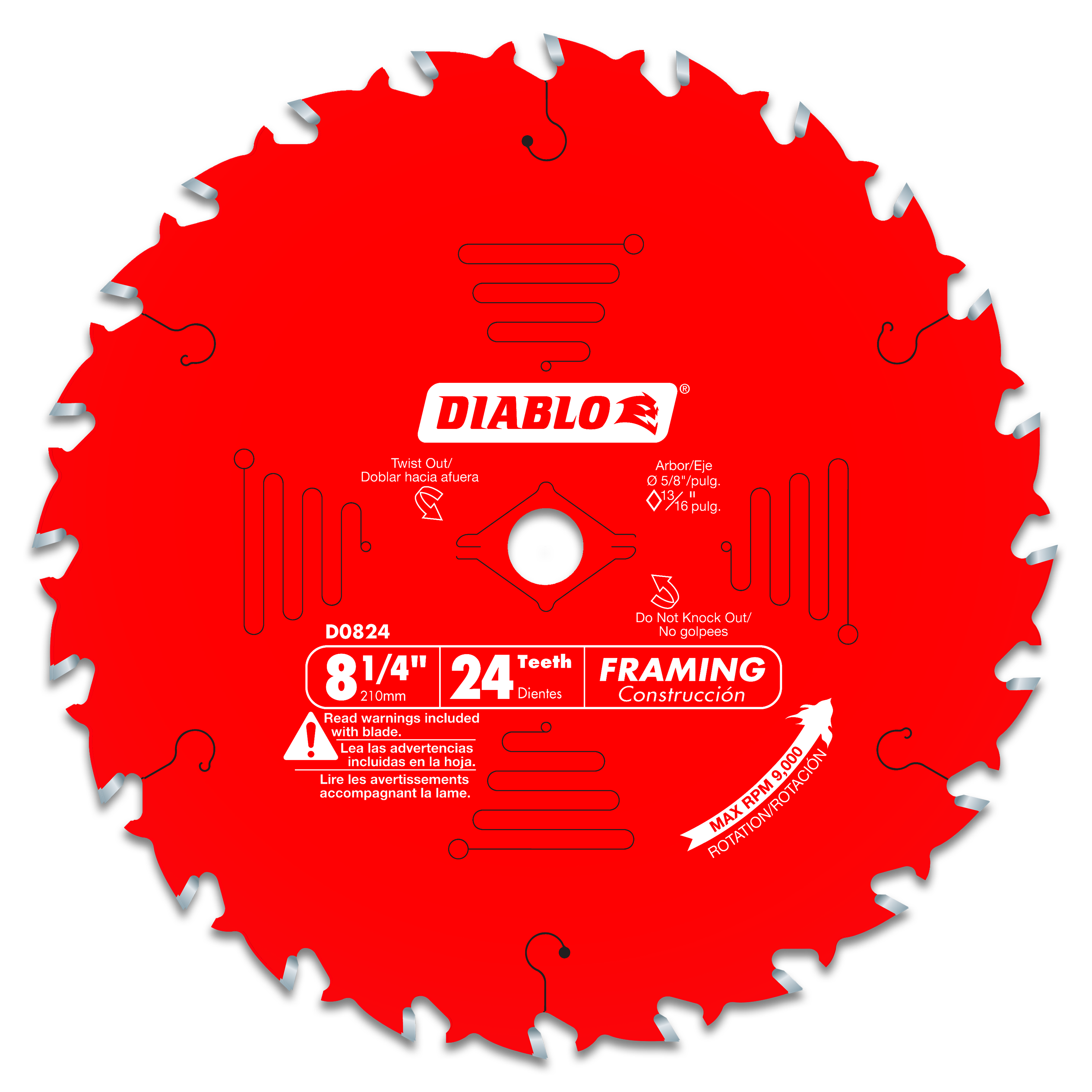 Red circular saw blade with 24 silver teeth and center arbor hole, labeled Diablo D0824 8-1/4" framing blade.