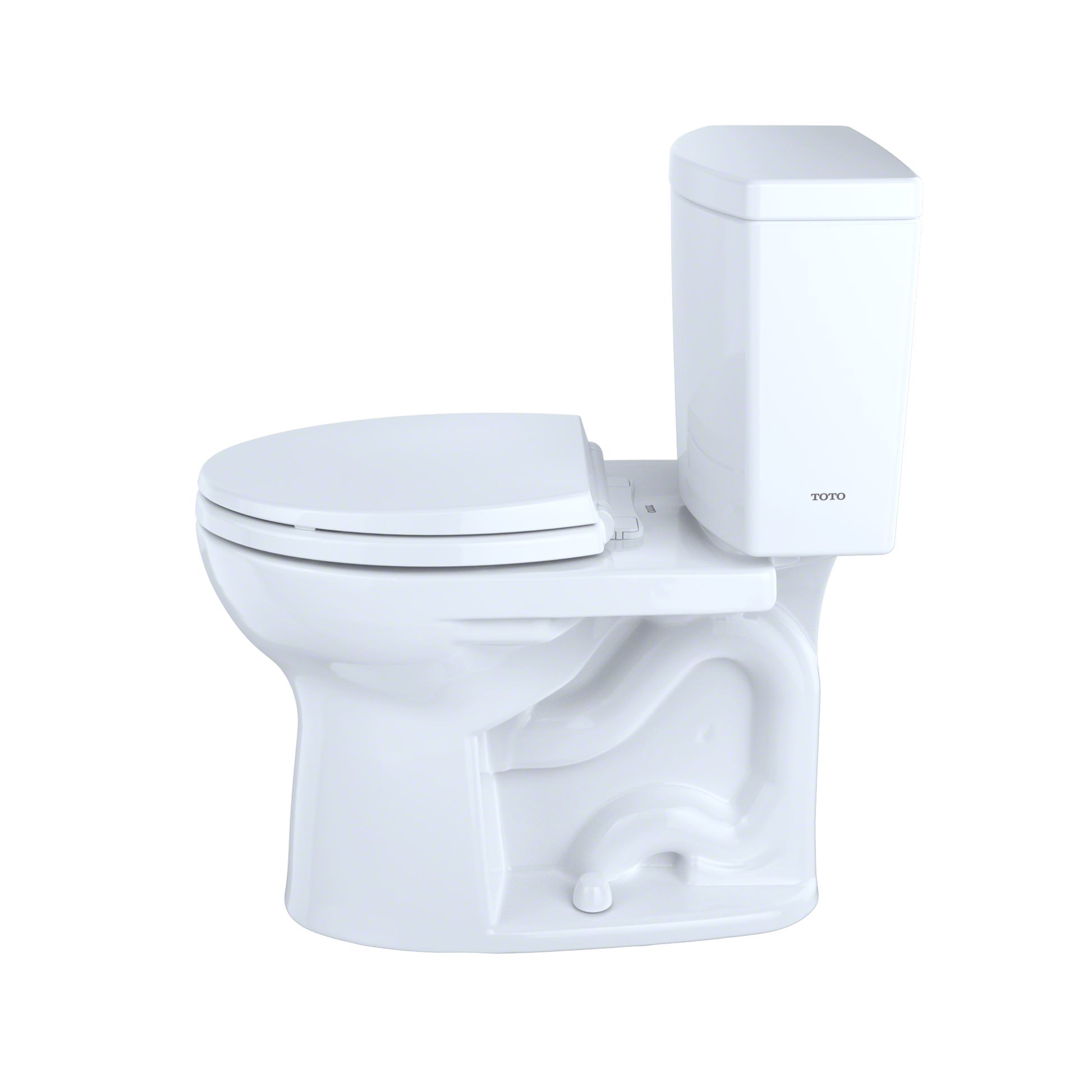 White two-piece round toilet with closed seat and separate tank on white background.