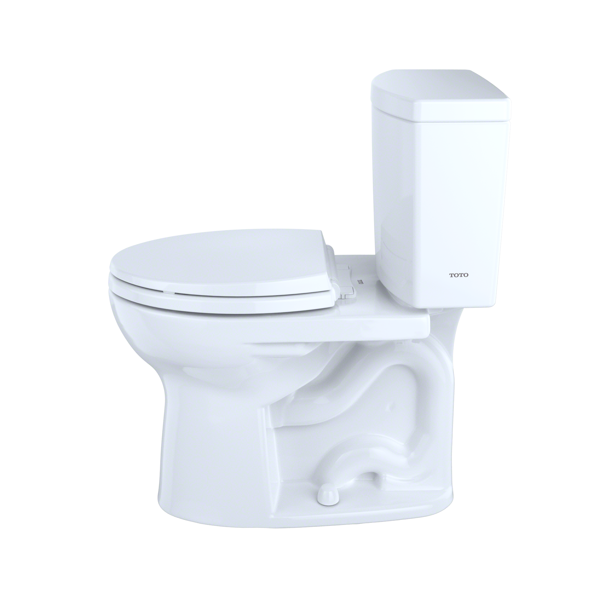 White two-piece round toilet with closed seat and separate tank on white background.