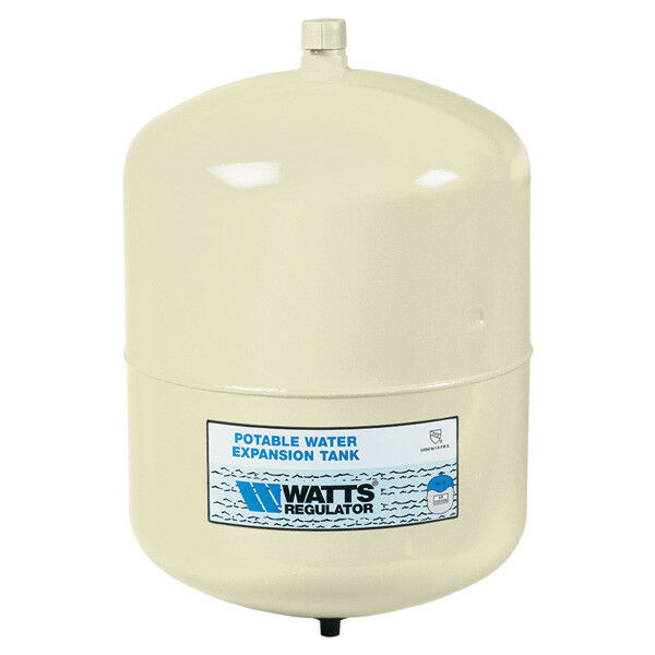 Cream-colored cylindrical potable water expansion tank with Watts Regulator label and threaded connection port on top.