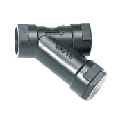 Watts wye strainer with 3/8 inch threaded connections, removable cartridge filter, and hexagonal cap plug.
