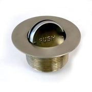Brushed nickel drain assembly with push button and threaded brass fitting.