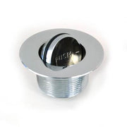 Chrome-finished PresFlo drain assembly with threaded base and black push mechanism visible through circular opening.