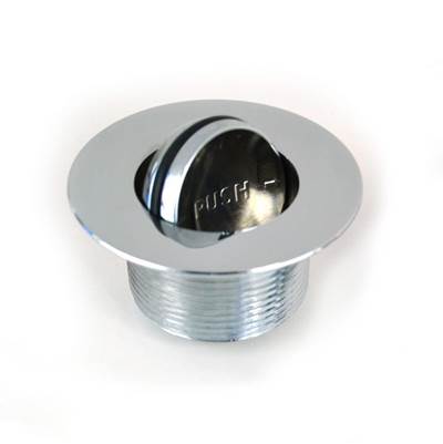 Chrome-finished PresFlo drain assembly with threaded base and black push mechanism visible through circular opening.
