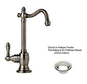 Polished nickel single-lever hot water filtration faucet with curved spout and decorative base.