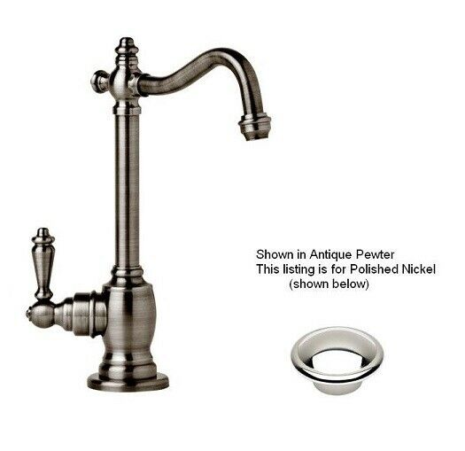 Polished nickel single-lever hot water filtration faucet with curved spout and decorative base.