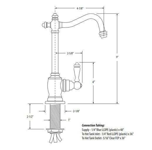 Satin nickel water filtration faucet with curved spout, single handle, and mounted base with connection tubing diagram.