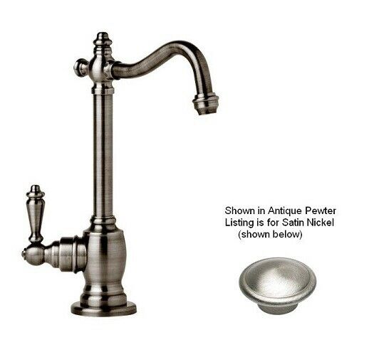 Satin nickel single-handle hot water filtration faucet with curved spout and decorative base.