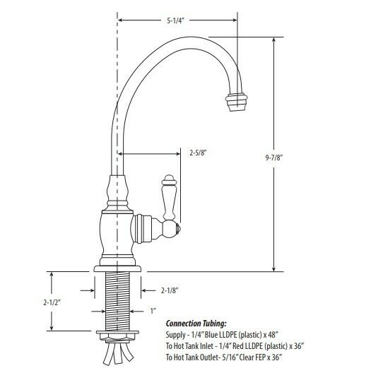 Oil rubbed bronze single-handle water filtration faucet with curved spout and dimensions labeled.
