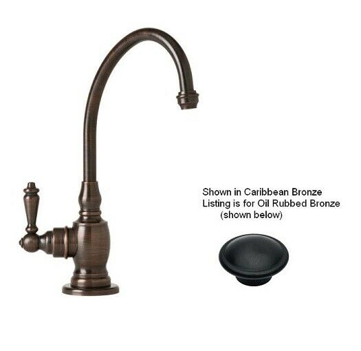 Oil rubbed bronze single-handle water filtration faucet with curved spout and accompanying black cap.