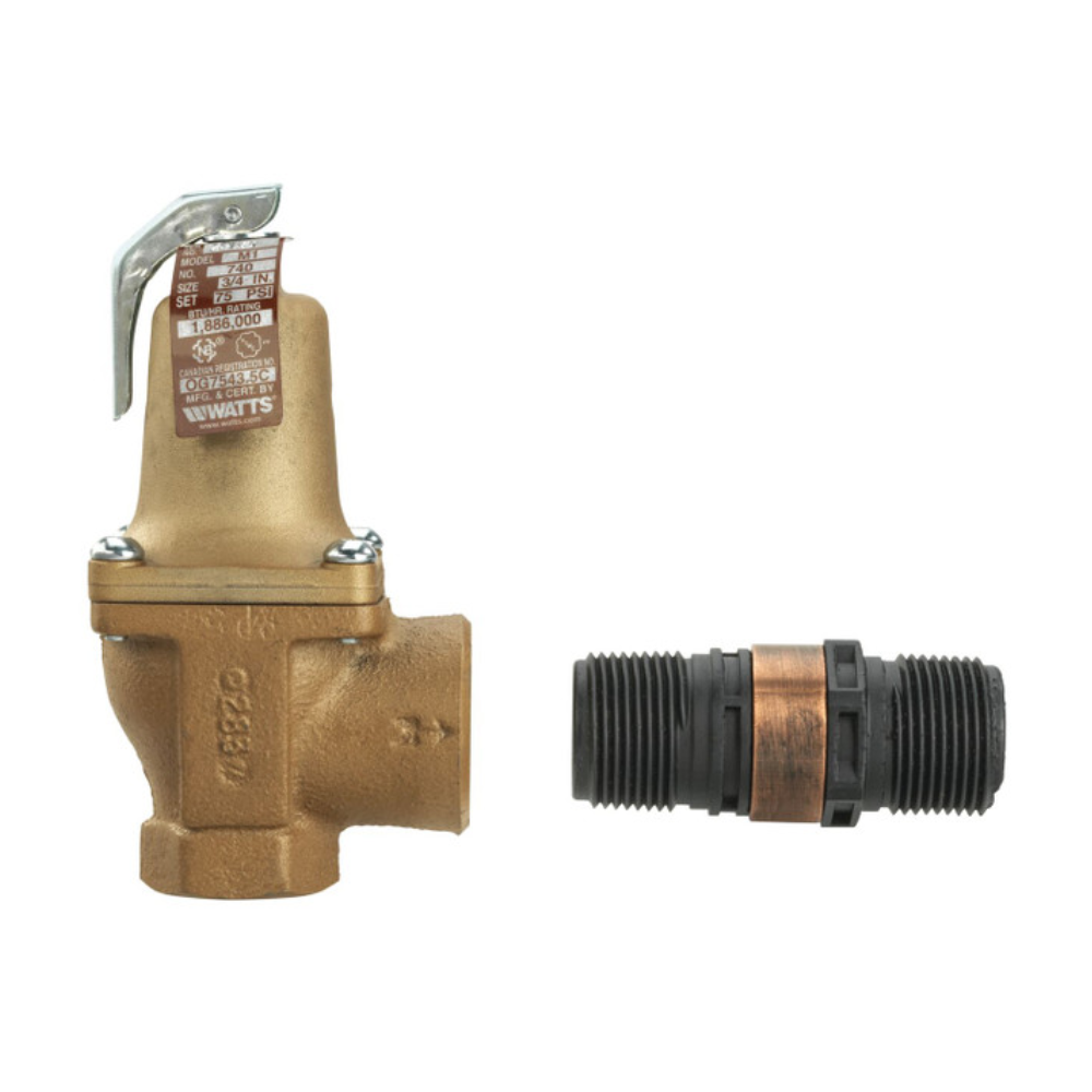 Brass hot water boiler relief valve with lever handle and metal label, shown with separate threaded connector piece.