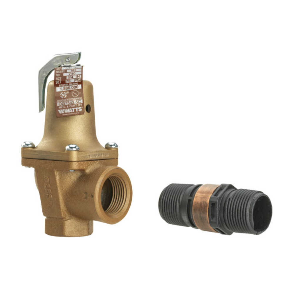 Brass boiler pressure relief valve with gray lever handle and brown label, shown with separate black threaded connector piece