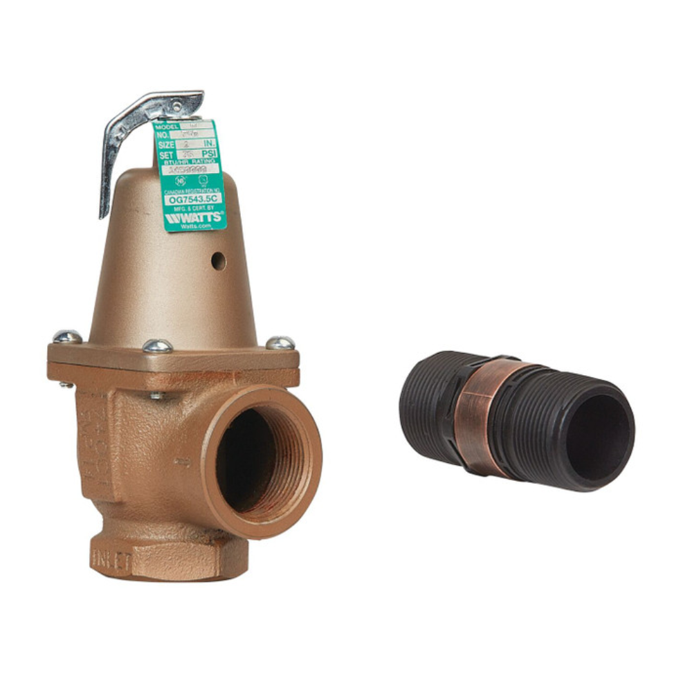 Bronze boiler pressure relief valve with silver handle and green label, shown with black threaded discharge line adapter.
