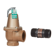 Bronze boiler pressure relief valve with lever handle and green label tag, shown with separate threaded connector fitting.