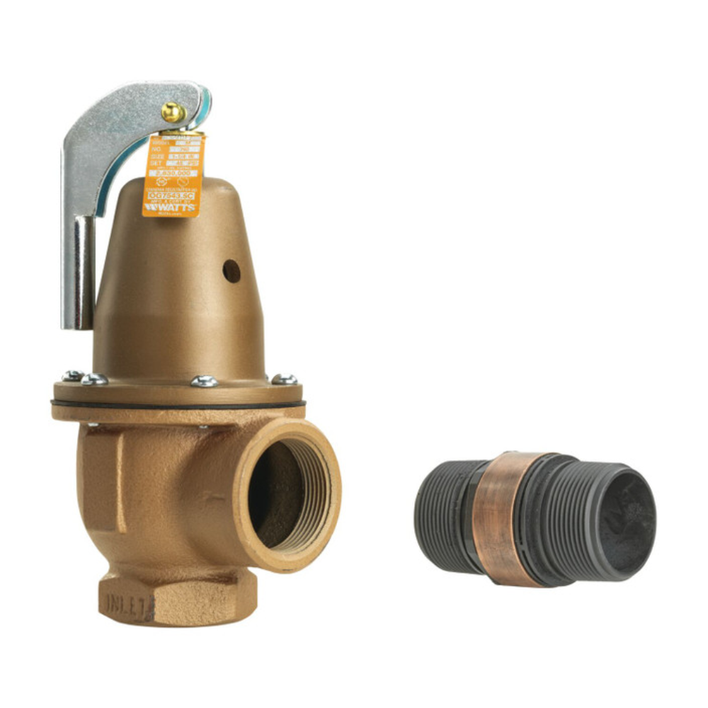 Brass boiler pressure relief valve with gray iron cap, adjustment screw, yellow label, and separate threaded connector.