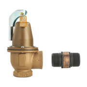 Brass boiler pressure relief valve with bell-shaped cap, adjustment screw, and threaded connector piece displayed separately.