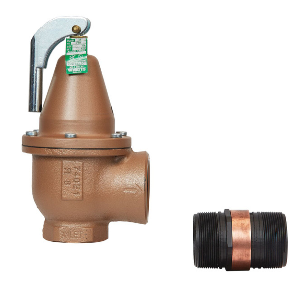 Bronze boiler pressure relief valve with expanded side outlet, lever handle, green label, and separate brass nipple connector