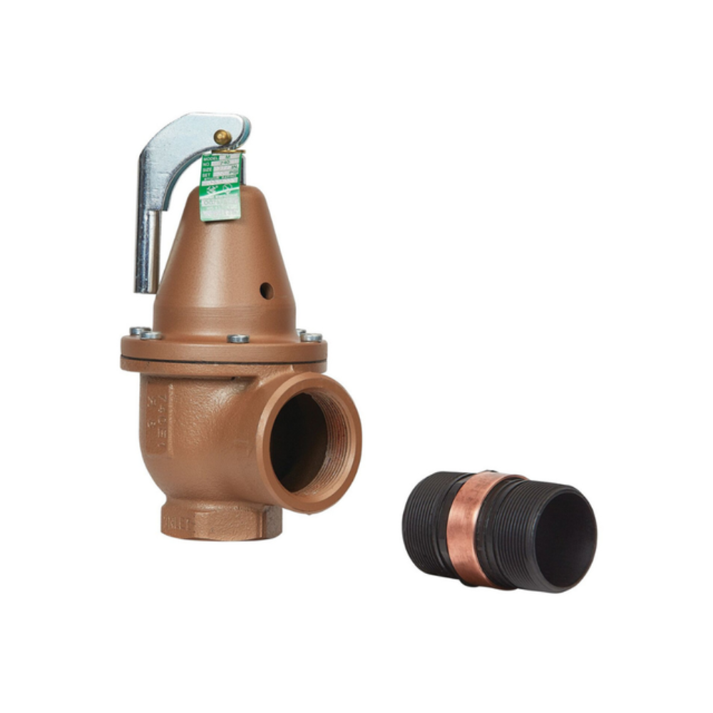Bronze boiler pressure relief valve with curved discharge arm, adjustment cap, and separate black threaded sensor connector.