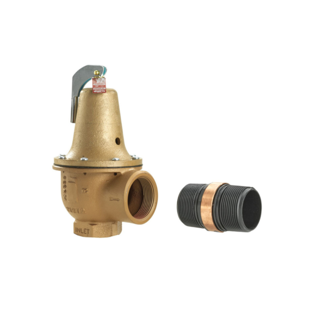 Brass boiler pressure relief valve with gray lever handle, inlet outlet, and separate black threaded flood sensor connector.