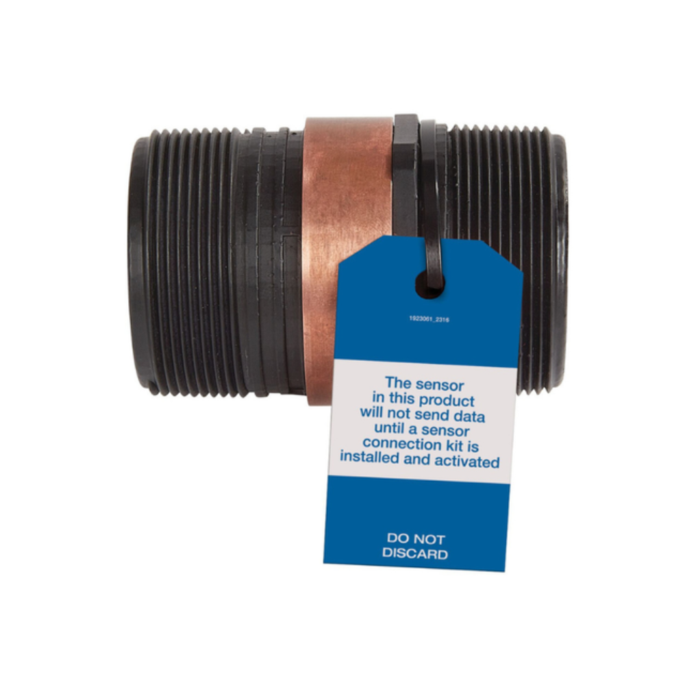 Watts iron boiler pressure relief valve with threaded outlets, copper band, and blue sensor tag attached.
