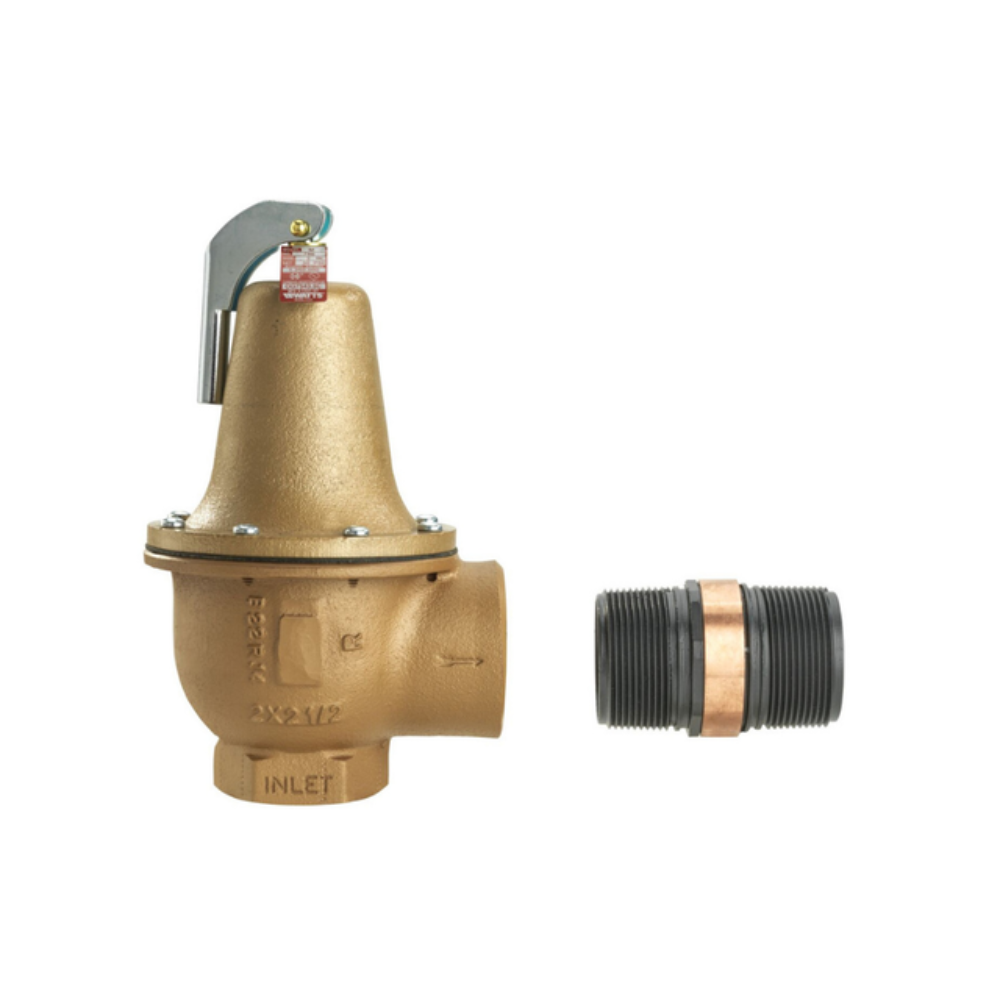 Brass boiler pressure relief valve with gray lever handle and separate threaded adapter connector.