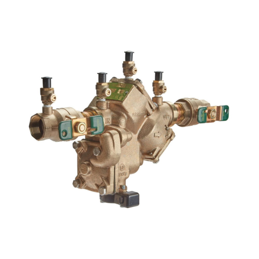 Bronze backflow preventer with four ports, black shutoff valves, and green test cocks on white background.