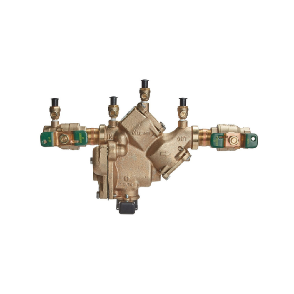 Bronze backflow preventer with four ports, green shut-off valves on sides, and black test cocks on top and bottom.