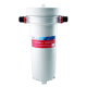 White cylindrical water filtration system with red and blue connection ports at top.