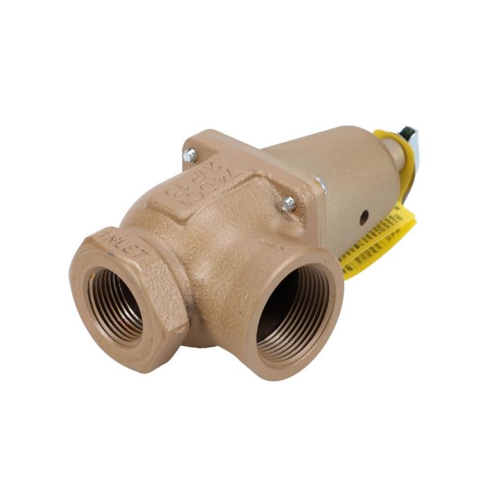 Bronze cast iron boiler pressure relief valve with two threaded outlets and yellow flood sensor attachment.