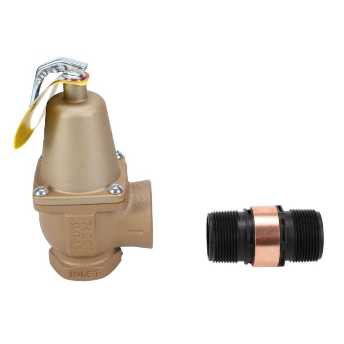 Brass pressure relief valve with lever handle and discharge line flood sensor connector shown separately.