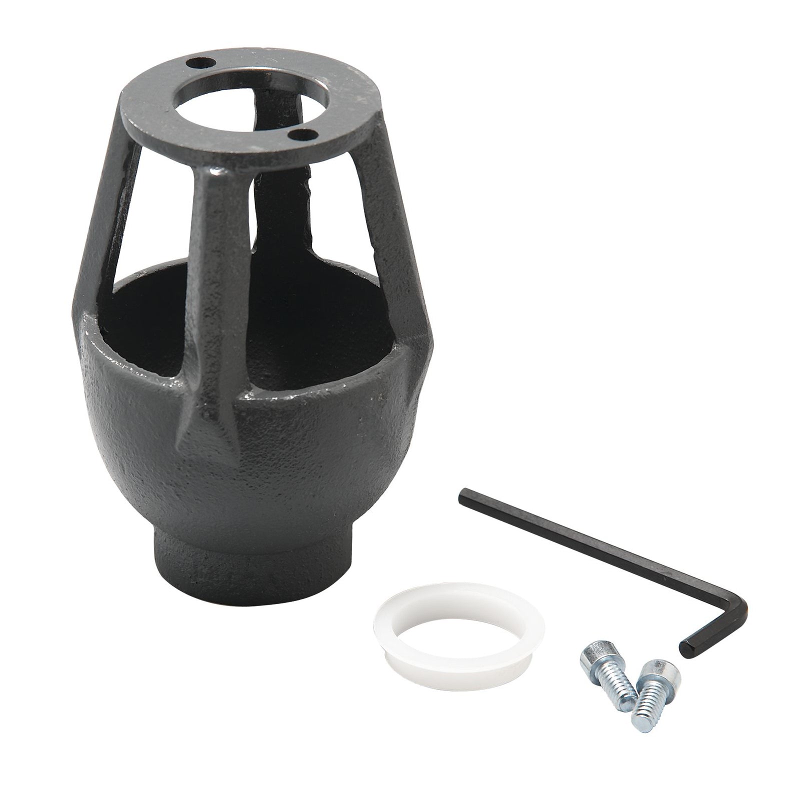 Gray metal air gap assembly with center opening, white rubber ring, two screws, and black mounting bracket included.