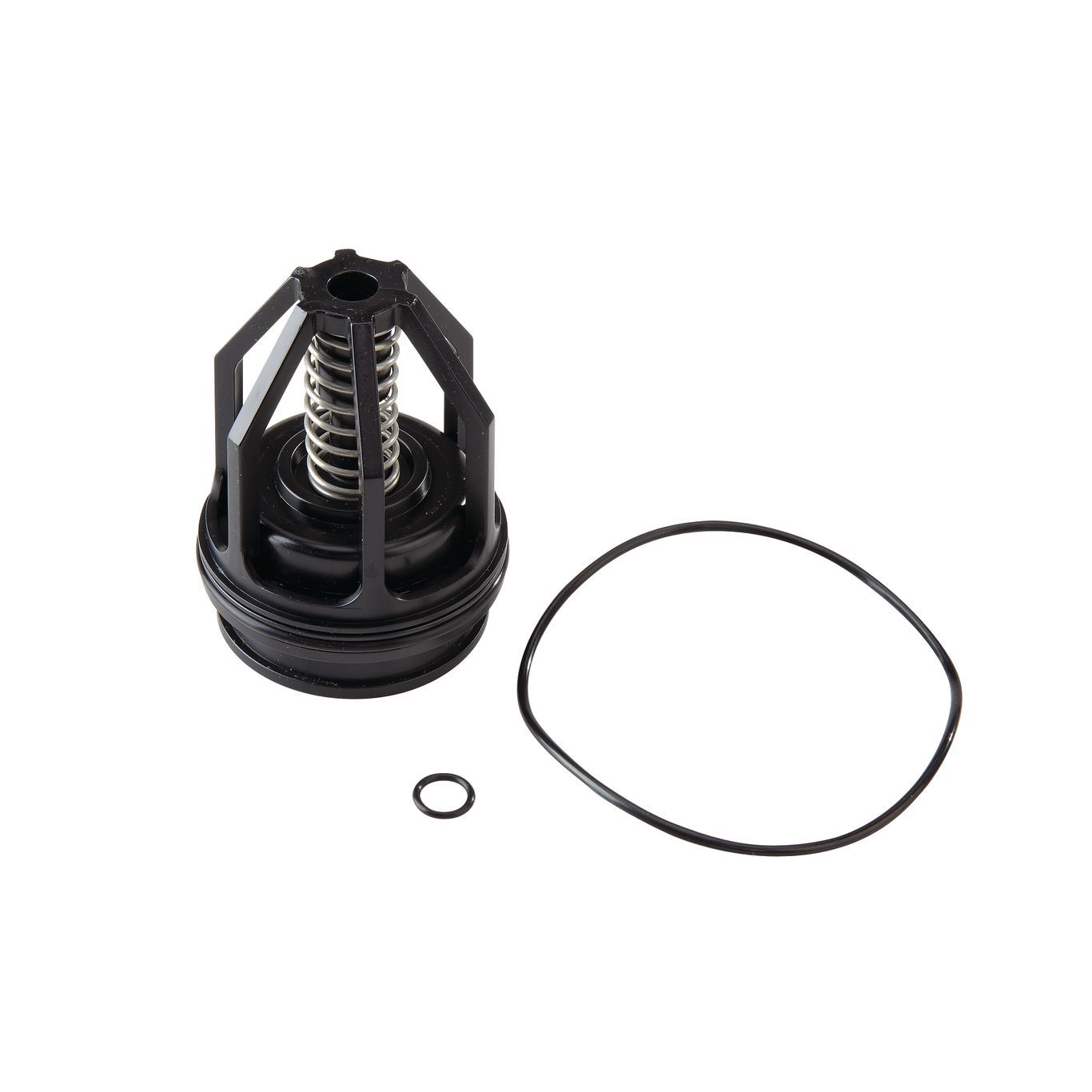 Black rubber parts kit with spring-loaded assembly, large O-ring, and small O-ring for RPZ valve.
