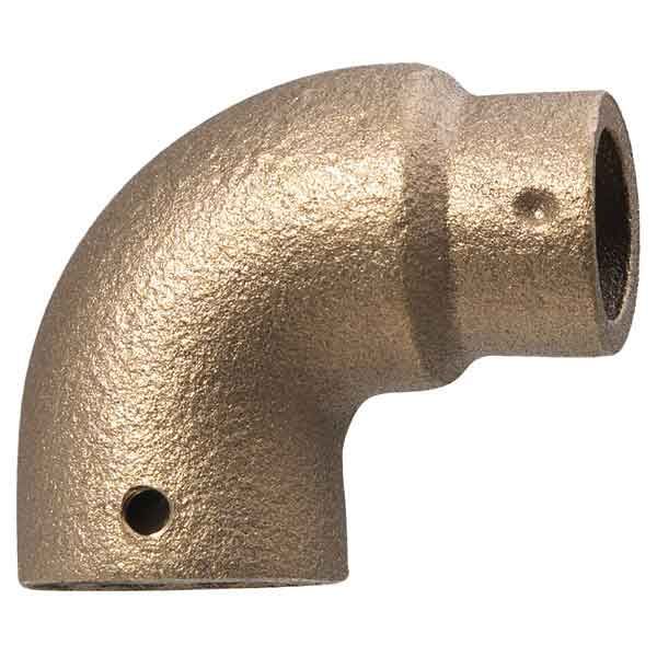 Brass 90-degree vent elbow with threaded connections and small vent hole on curved section.