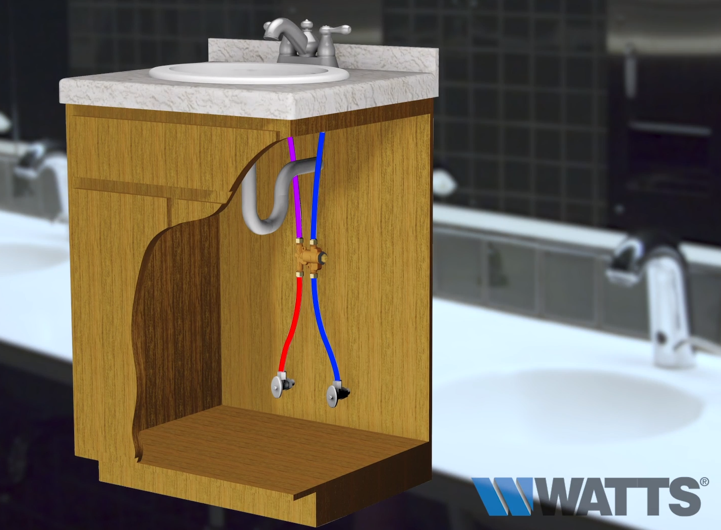 Bronze thermostatic mixing valve with red and blue supply lines installed under sink cabinet.