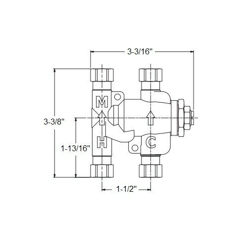 Technical diagram of bronze thermostatic mixing valve with dimensions and labeled components M and C.