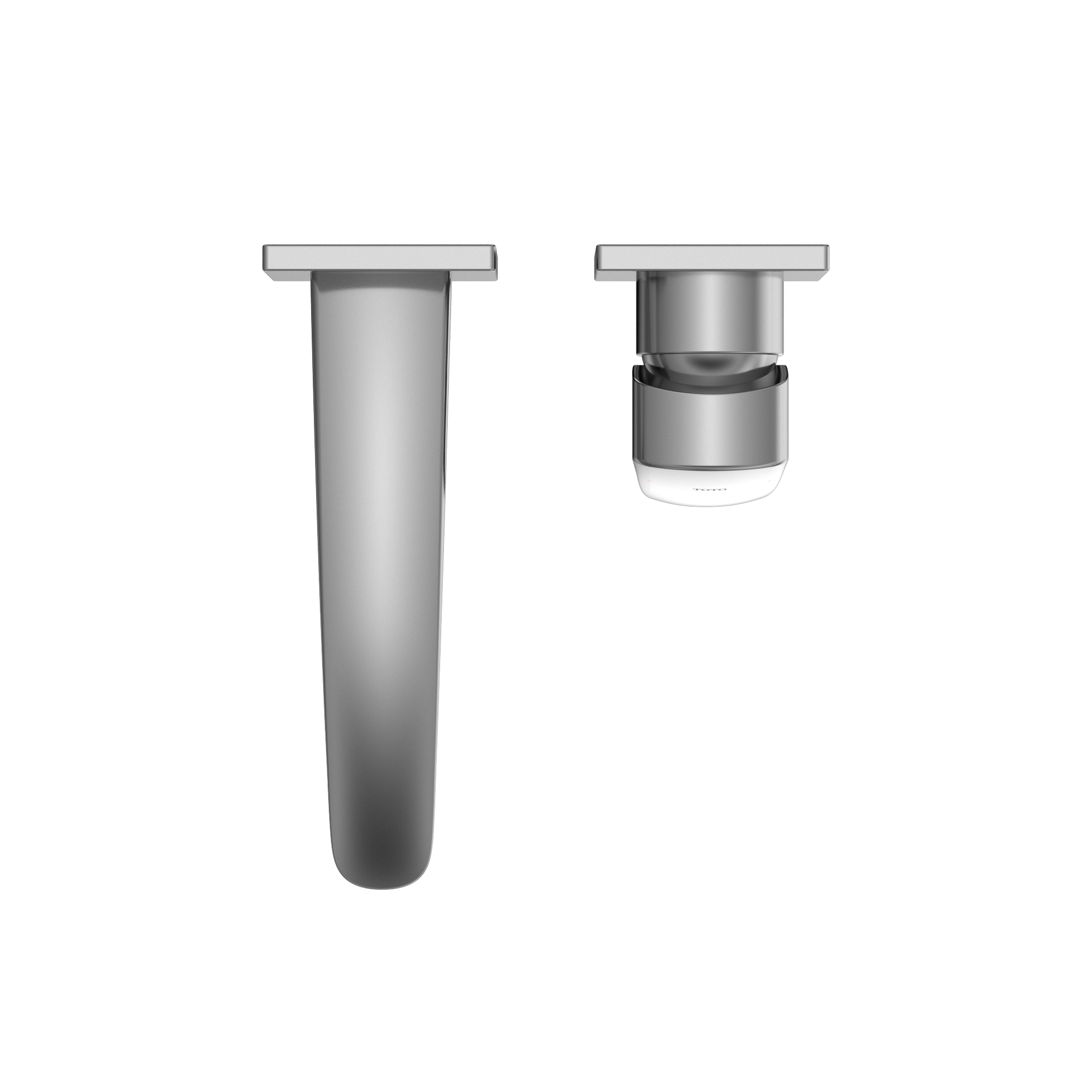 Polished chrome wall-mount bathroom faucet with single rectangular handle and cylindrical spout, shown from two angles.