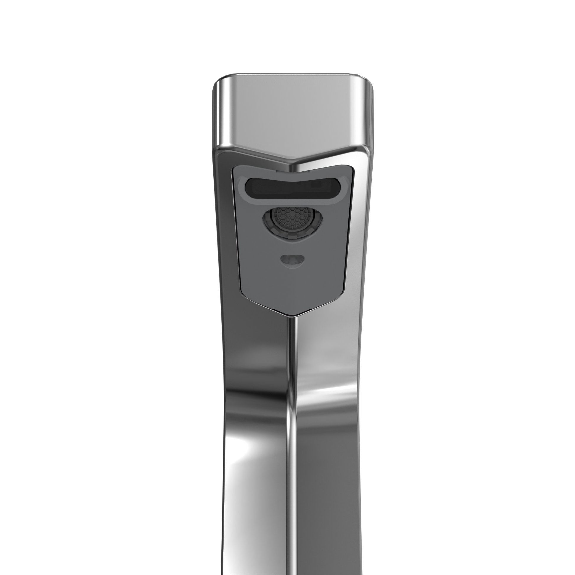 Polished chrome touchless bathroom faucet with sensor panel and black accents on tall spout.