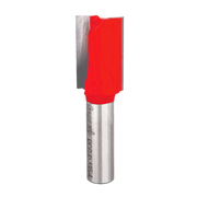 Freud straight router bit with red cutting head and silver metal shank.