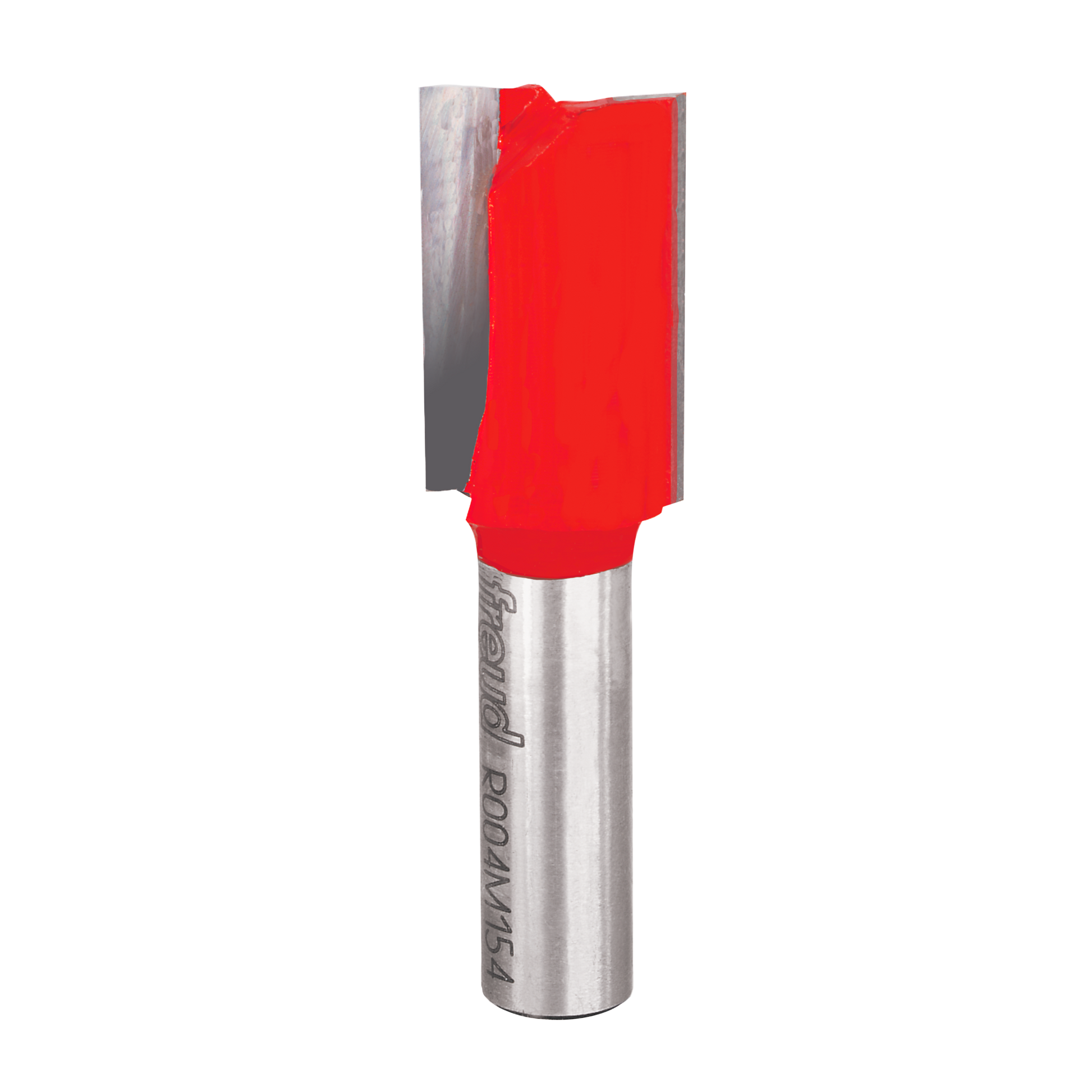 Freud straight router bit with red cutting head and silver metal shank.