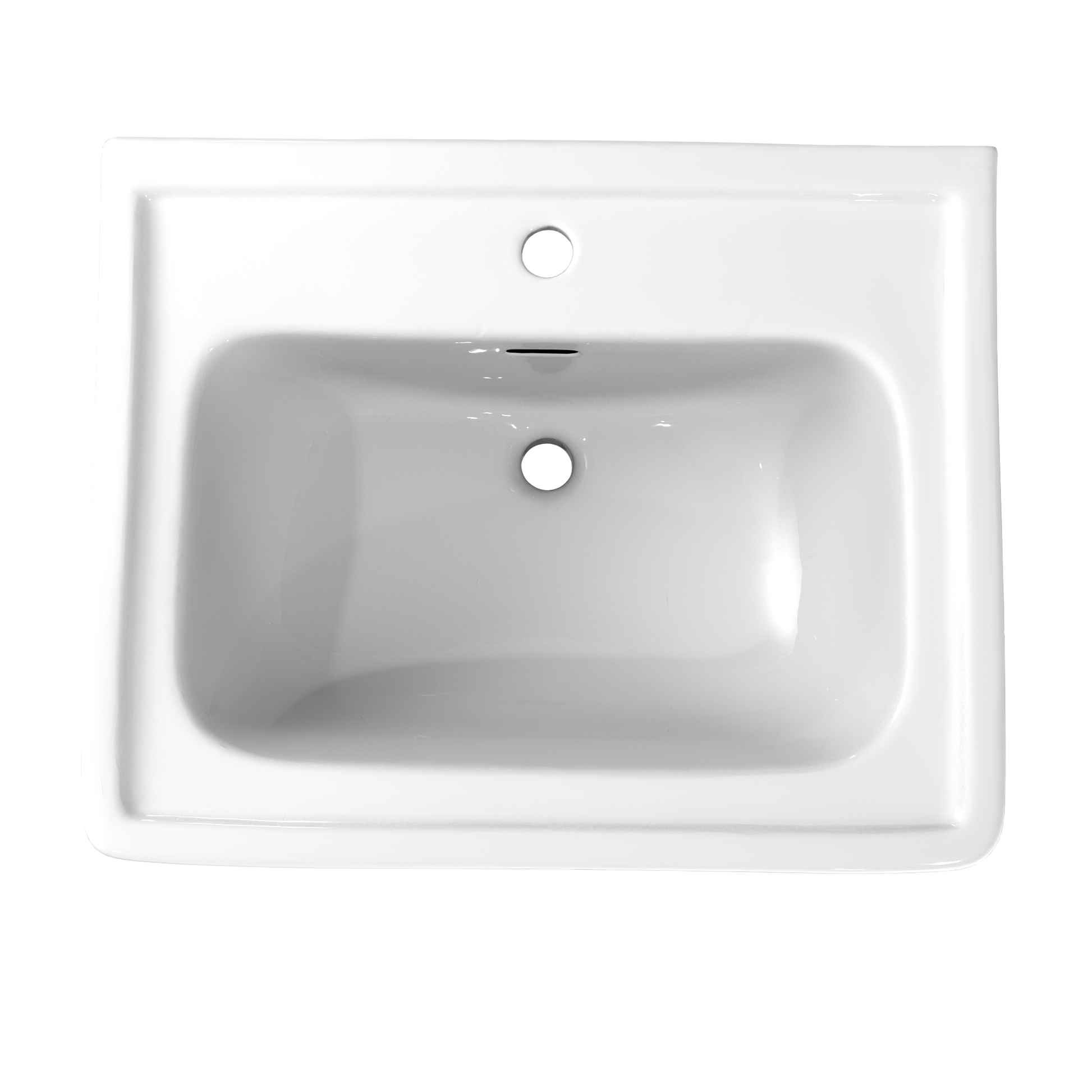 White rectangular pedestal sink basin with single faucet hole and overflow opening.