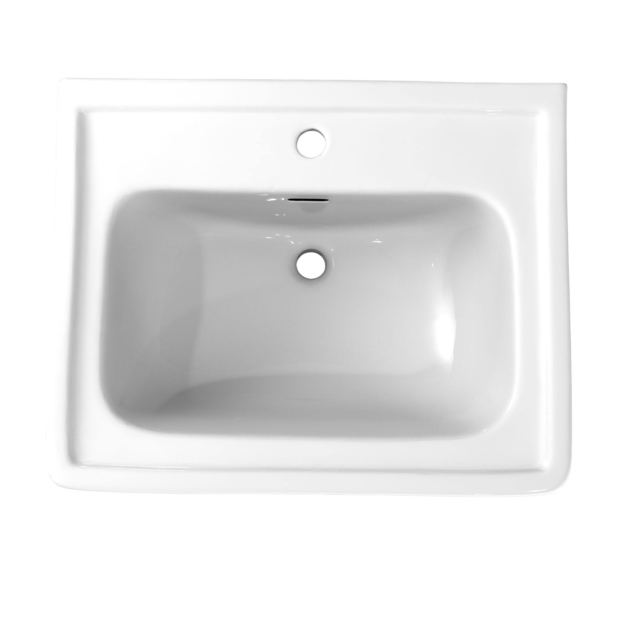 White rectangular pedestal sink basin with single faucet hole and overflow opening.