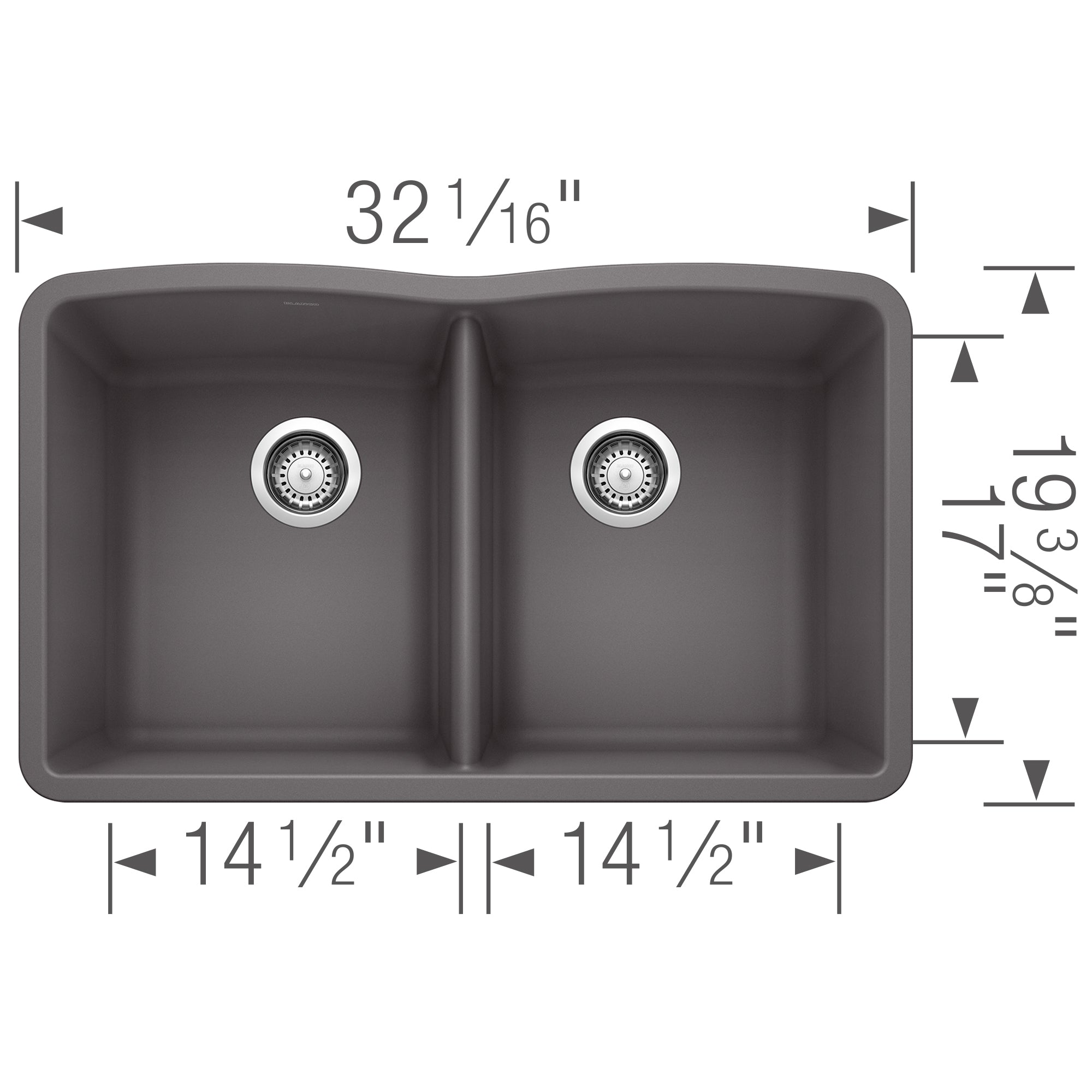 Cinder gray double bowl undermount sink with equal-sized bowls, stainless steel drains, and dimension measurements.