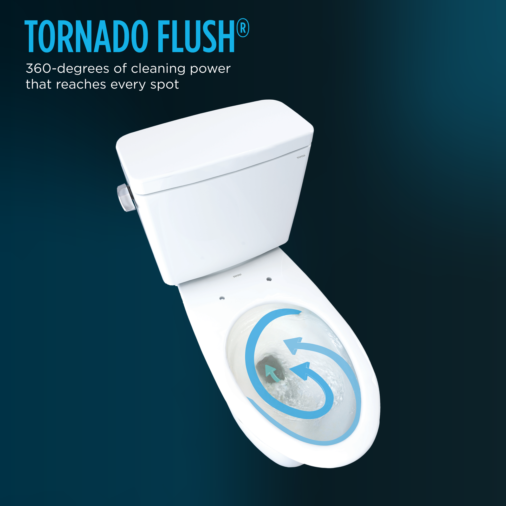 White two-piece round toilet with tank lid open, showing bowl with blue swirl arrows indicating flush pattern.