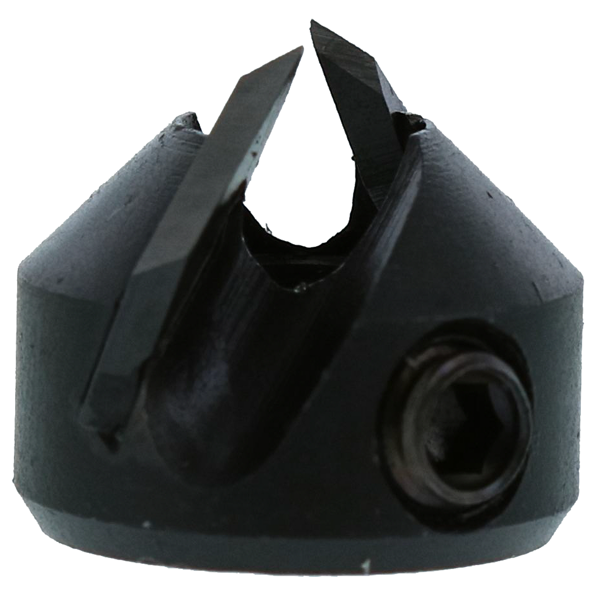 Black carbide tipped boring bit with pointed tip and cylindrical base with hexagonal socket.