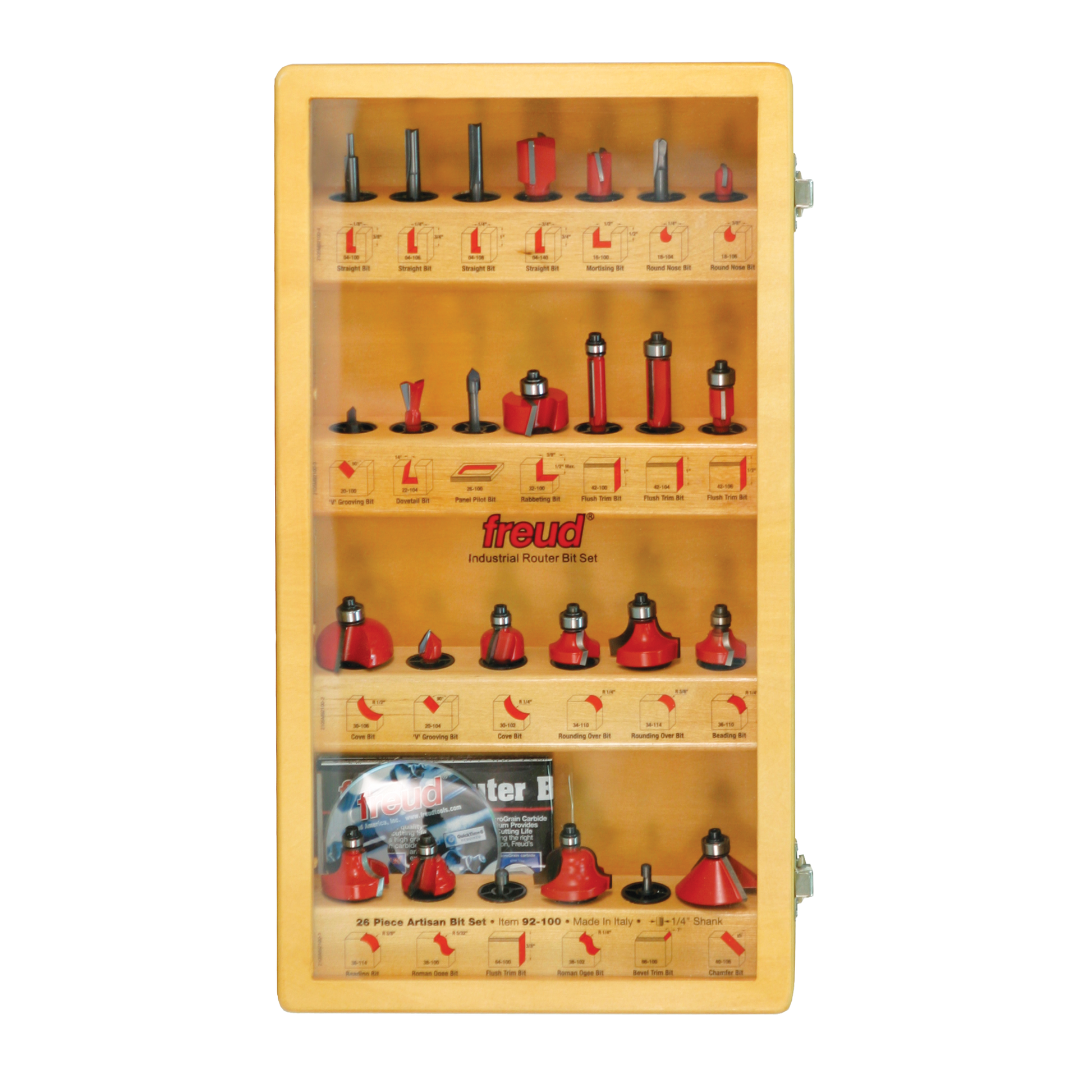 Freud 26-piece router bit set displayed in wooden storage case with red and black bits organized in rows.